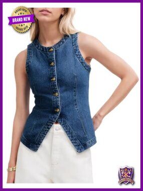 Denim Vest Sleeveless Button Down Front Slit Jean Waistcoat Casual Tank Top